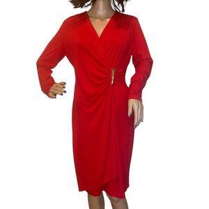 Calvin Klein Red Faux Wrap Draped Long Sleeved V-Neck Jersey Dress Size 6 VGC